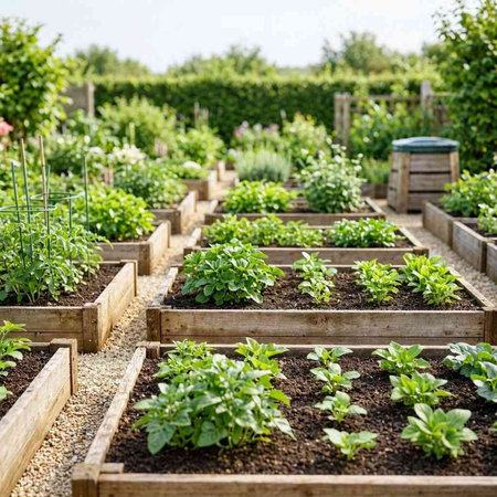 Potato seedlings in a wooden box on a garden bed.