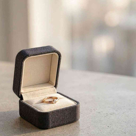 Wedding rings in a gift box on a marble table.
