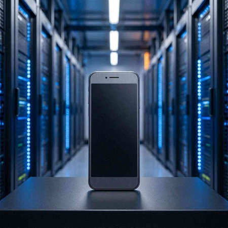 Smartphone with blank screen in server room. 3D Rendering