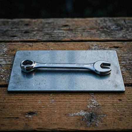 Spanner on a wooden table in the garden. Close-up.