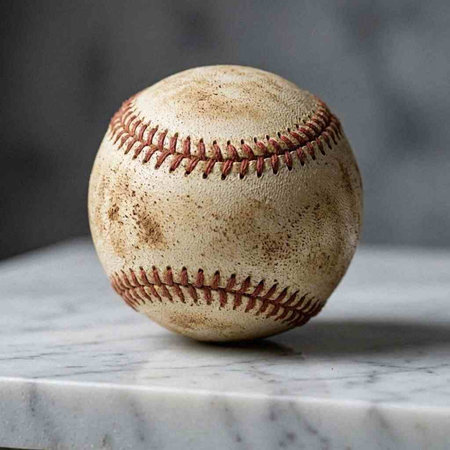 A close up shot of a baseball on a white marble surface.