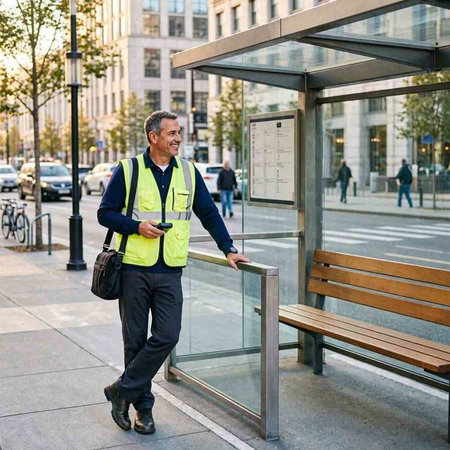 Mature man in safety vest standing at bus stop and looking at camera