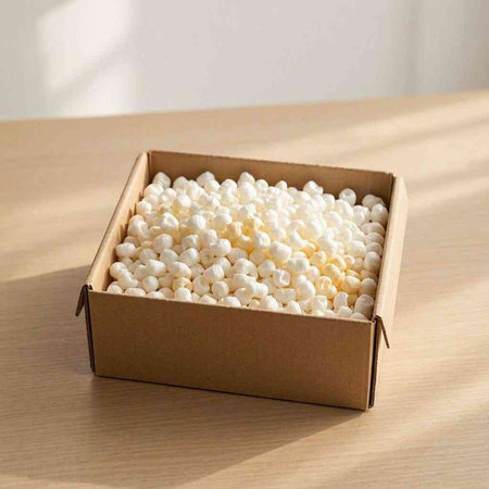 Cotton balls in a cardboard box on a wooden table. Zero waste concept.