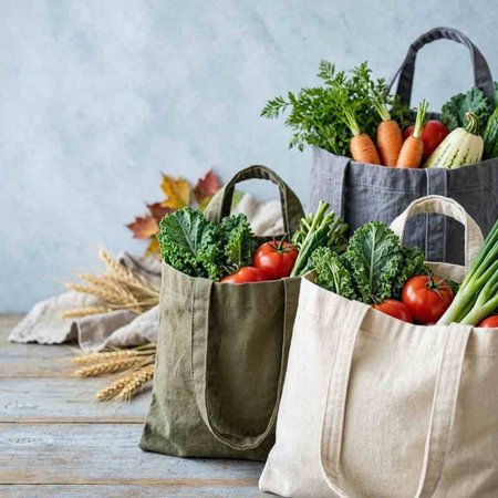 Zero waste shopping concept. Fresh organic vegetables in reusable textile shopping bags. Sustainable lifestyle.