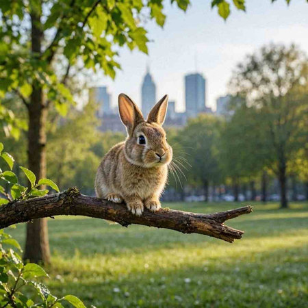 Rabbit sitting on a tree branch in the city park in spring
