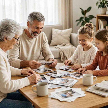 Grandparents With Grandchildren Reading Photo Albums Sitting At Table At Home
