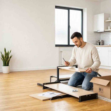 man with clipboard and boxes moving in new house. moving day concept