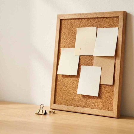 Cork board with blank note papers on wooden table. Copy space