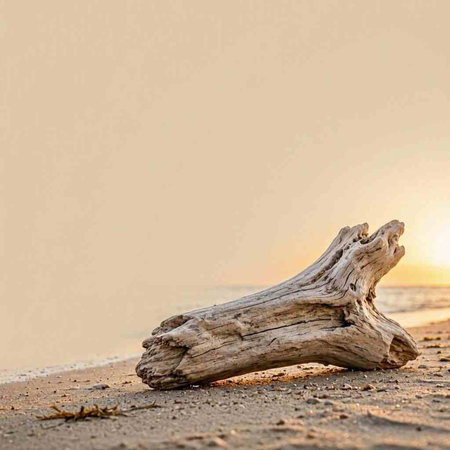 Wooden driftwood on the beach at sunset. Copy space.