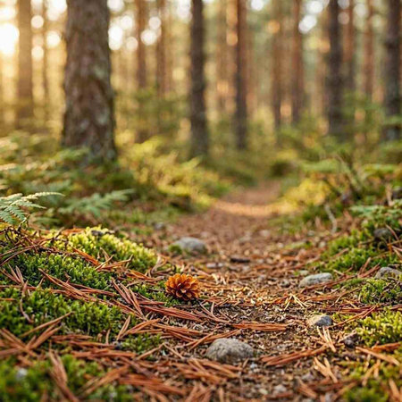 Forest path in the pine forest with moss and ferns.