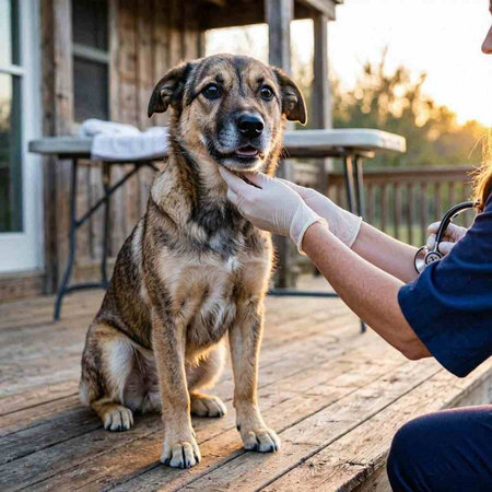 Veterinarian giving a paw to a homeless dog in a veterinary clinic