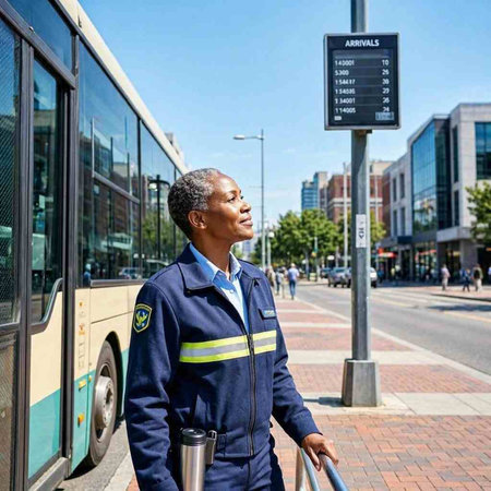 Portrait of african american police officer standing in front of bus stop