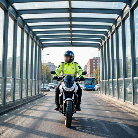 Rear view of a motorcyclist in a helmet and a black jacket riding a motorcycle on a pedestrian bridge.