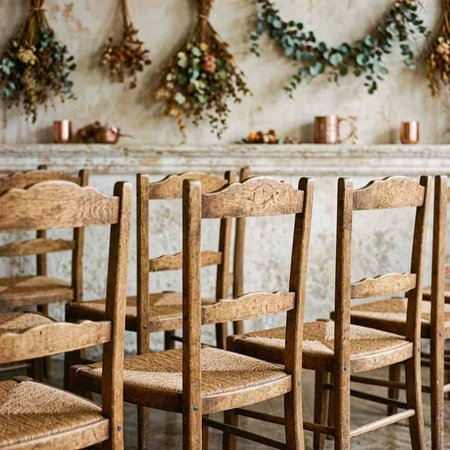 Wooden chairs in a rustic interior. Decorated with flowers.