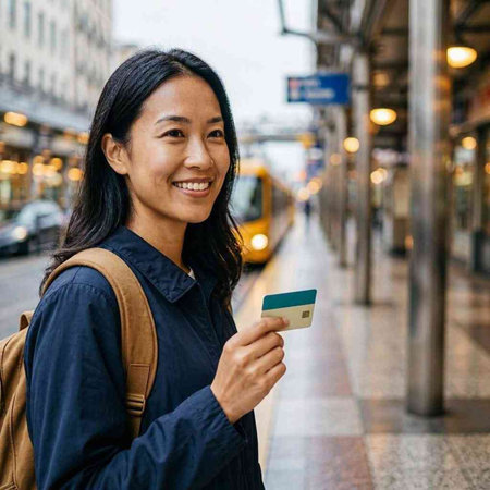 Woman holding a credit card in the streets of New York City.