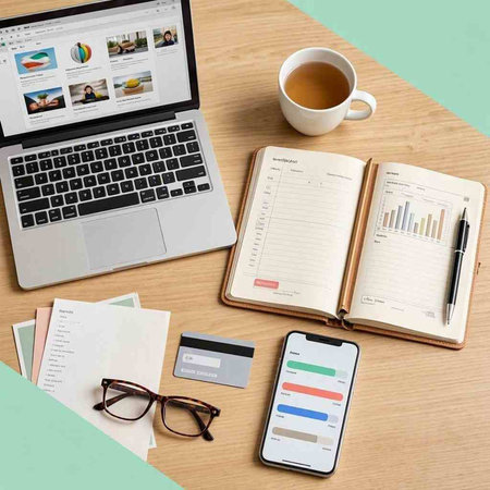 Office desk table with laptop, smartphone, notebook and cup of tea