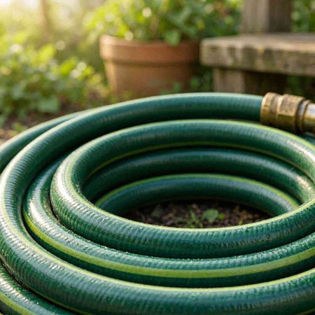 Garden hose in the garden. Close-up. Selective focus.