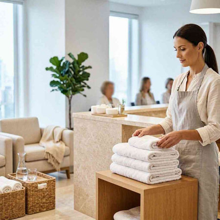 Woman choosing towels in hotel. Side view of beautiful young woman holding stack of towels in hotel.