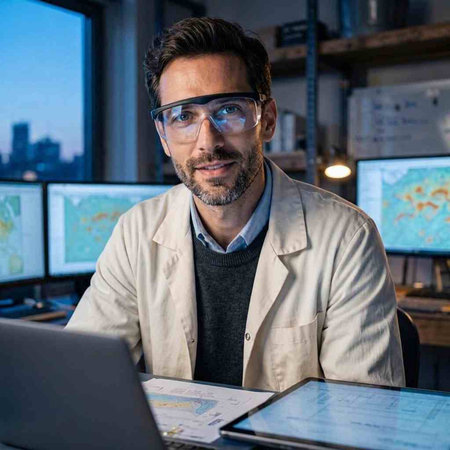 Portrait of a handsome security guard working on a computer at night.