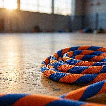 Rope on the floor in the gym. Equipment for fitness.