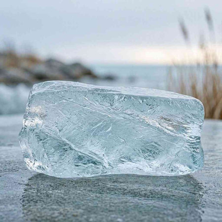 Ice cube on the frozen lake in winter. Close-up.
