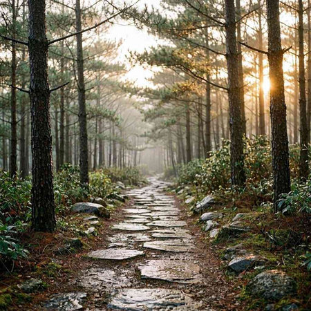 Pine forest in the morning at sunrise with a stone path.