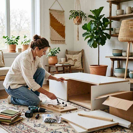 Young woman assembling furniture in living room at home. Interior design.