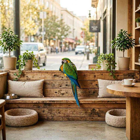 Beautiful parrot sitting on a wooden bench in a cafe.