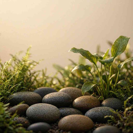 Zen garden with pebbles and green plants. Nature background.