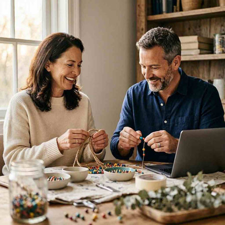 Senior couple making christmas decoration at home. Smiling mature man and woman making christmas decoration together at home.