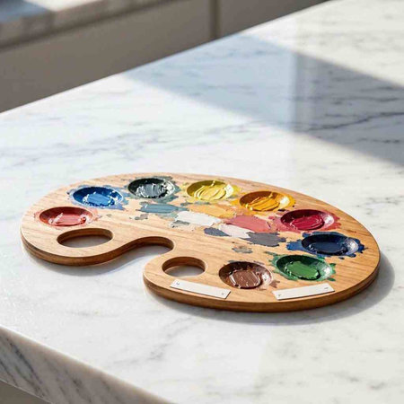 wooden palette with watercolor paints on white marble table in kitchen