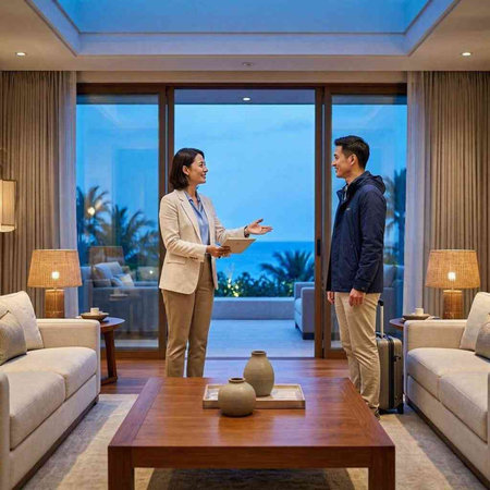 Luxury hotel lobby interior with a view of the lobby and a couple talking