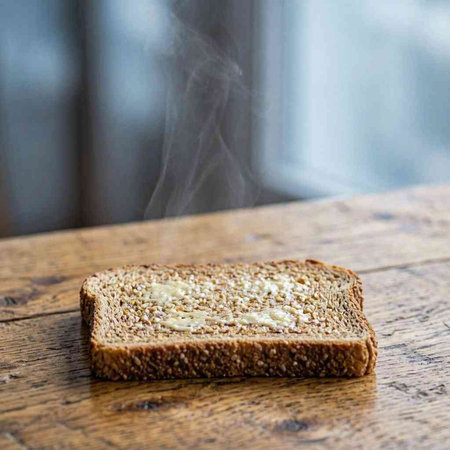 Sliced bread on a wooden table with smoke coming out of it