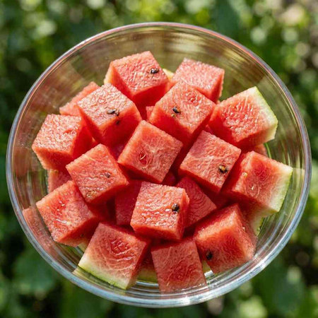 Sliced watermelon in a glass bowl on green grass background