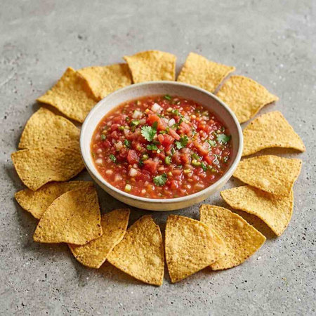 Mexican salsa with nachos chips on concrete background, copy space