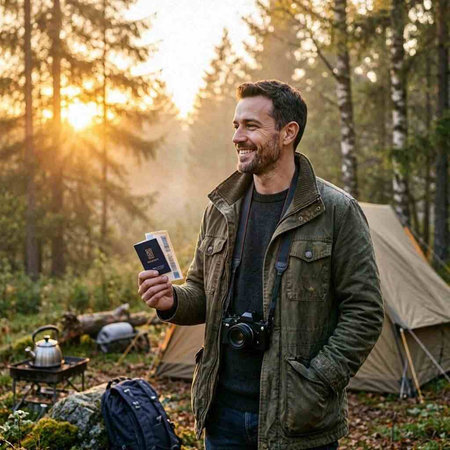 Handsome bearded man with a camera and a passport in his hands stands in the forest against the backdrop of a camping tent