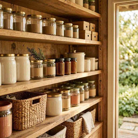 Jars with spices and herbs in a rustic wooden shelf.