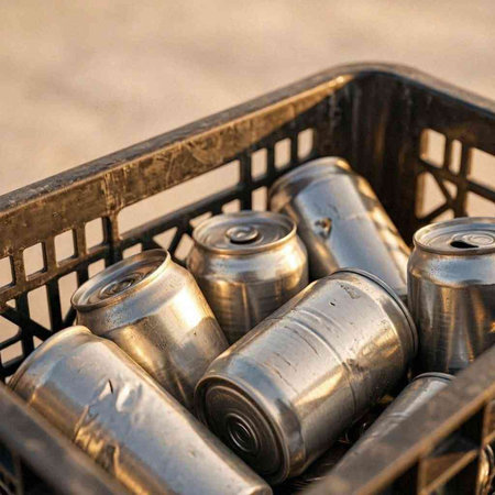 Aluminum cans in a plastic basket. Close-up. Selective focus.
