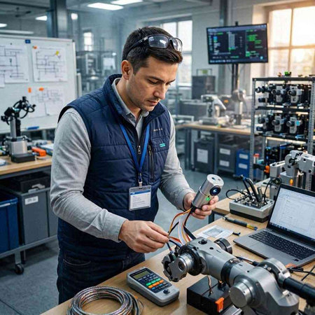 Engineer working with electronic components in a factory. He is using a digital multimeter.