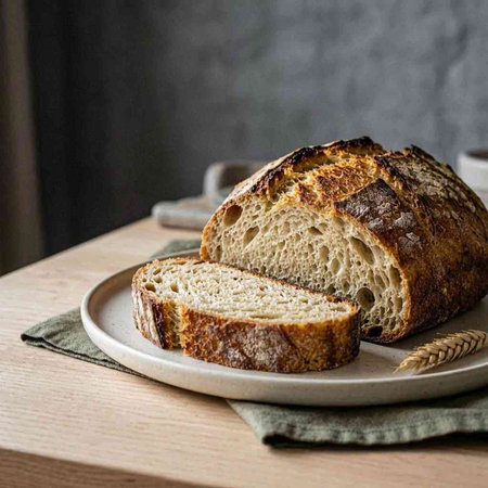 Sliced loaf of bread on a plate on a wooden table
