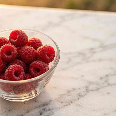 Fresh raspberries in a glass bowl on a white marble table