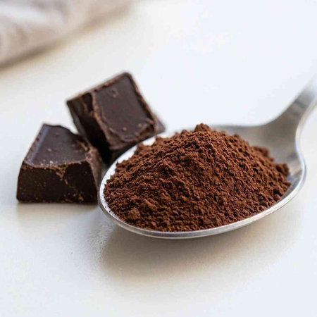 Coffee powder in a spoon and chocolate pieces on a white background