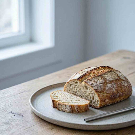 Freshly baked sourdough bread on a rustic wooden table