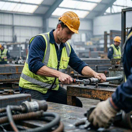 Industrial workers at work in a metallurgical plant. Heavy industry.