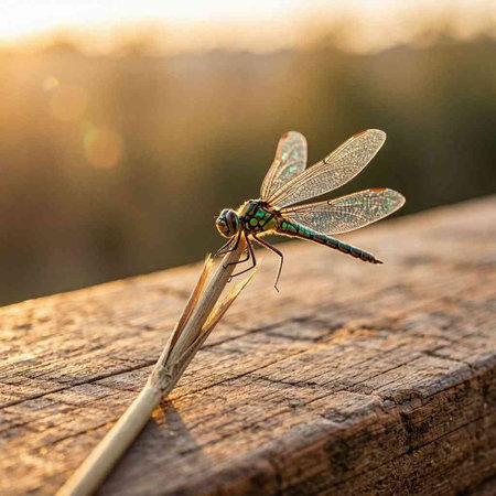 Dragonfly on a wooden background in the rays of the setting sun