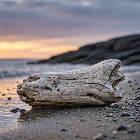 A piece of driftwood on the beach at sunset in Norway.