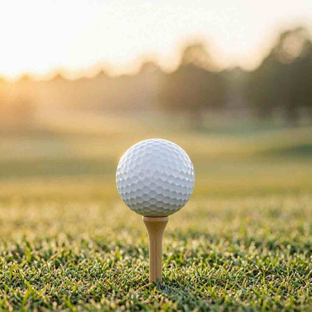 Golf ball on tee ready to be shot into the hole.