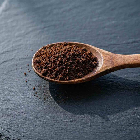 Ground coffee in a wooden spoon on a black background. Close-up.