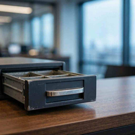 Close up of metal box on wooden table in coffee shop, stock photo