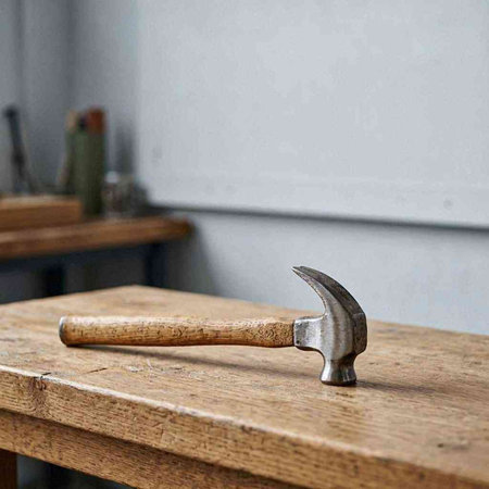 Hammer on a wooden table in a carpentry workshop. Copy space.